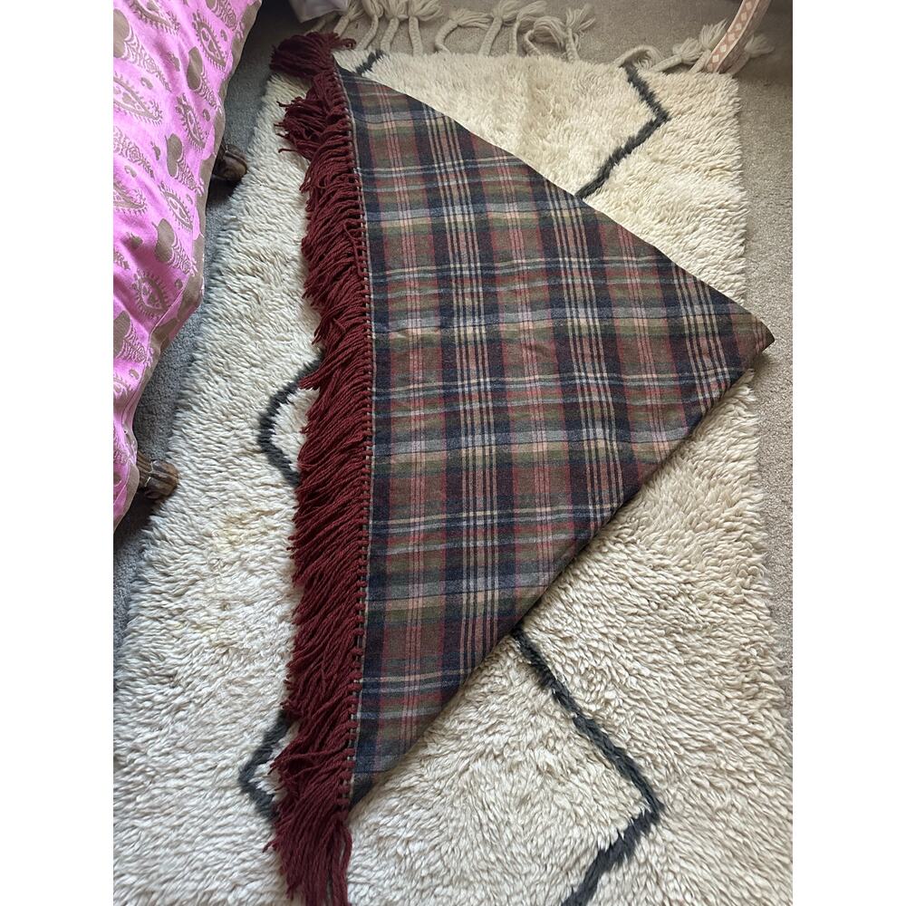 Vintage Plaid Wool Shaw Fringe Triangle brown rust gray olive green 82”x82” - Picture 15 of 16
